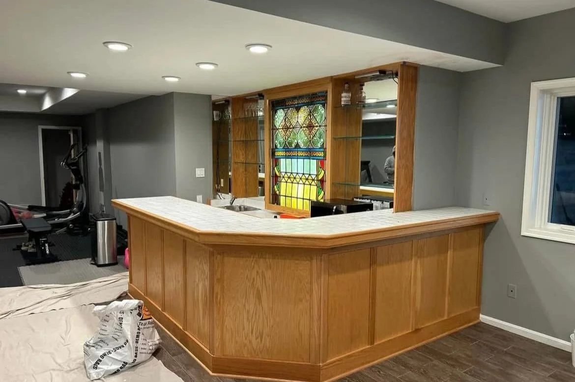 Modern basement bar custom shelving Potomac MD